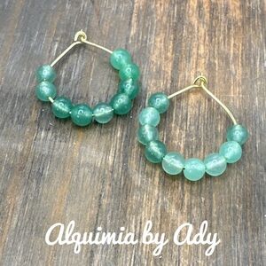 Gold statement green  dangle earrings mini hoops handmade